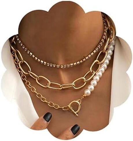 fxmimior Women Multilayer Silver Gold Dainty Pearls Layered Choker Necklaces Handmade Beads Fashion Chunky Pendant Multilayer Adjustable Layering Chain Gold Plated Necklaces Set for Women Girls in Saudi Arabia