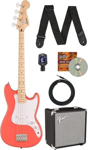 Fender Squier Sonic Bronco Bass - حزمة المرجان التاهيتي مع مضخم صوت Rumble 15، وكابل أداة، وموالف، وحزام، وأقراص DVD التعليمية لأوستن بازار in Kuwait