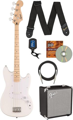 Fender Squier Sonic Bronco Bass - Tahitian Coral Bundle with Rumble 15 Amplifier, Instrument Cable, Tuner, Strap, and Austin Bazaar Instructional DVD in Kuwait