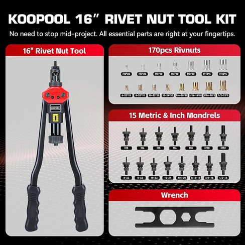 16" Rivet Nut Tool Kit, Heavy-Duty Rivnut/Nutsert Tool with 7 Mandrels (M6, M8, M10, 1/4"-20×2, 5/16"-18, 3/8"-16) & 70 Rivet Nuts, Rugged Rivnut Tool Kit with Carrying Case (16") in Kuwait