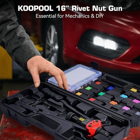 16" Rivet Nut Tool Kit, Heavy-Duty Rivnut/Nutsert Tool with 7 Mandrels (M6, M8, M10, 1/4"-20×2, 5/16"-18, 3/8"-16) & 70 Rivet Nuts, Rugged Rivnut Tool Kit with Carrying Case (16") in Kuwait