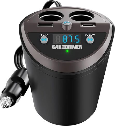 Car and Driver Smart FM Transmitter Bluetooth Cup Holder with Alexa, Google, Siri Assistant for Car with Dual Ports USB A and USB-C PD Fast Charging Ports & Dual Cigarette Lighter 12V Power Sockets in Kuwait