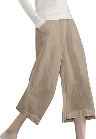 Wide Leg Linen Capri Pants for Women 2026 Beach Vacation Lounge Crop Pants High Waist Capris Trousers with Pockets in Saudi Arabia