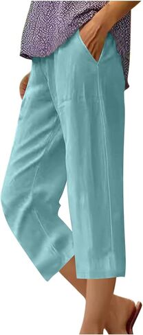 Wide Leg Linen Capri Pants for Women 2026 Beach Vacation Lounge Crop Pants High Waist Capris Trousers with Pockets in Saudi Arabia