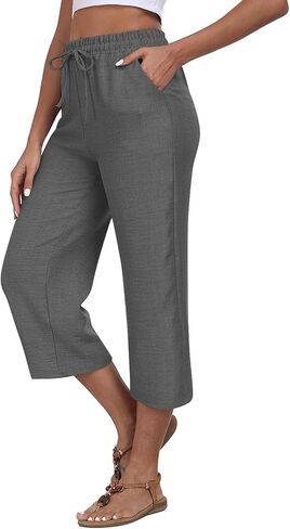 Women Capris for Summer Cotton Linen Wide Leg Cropped Pants Drawstring Elastic Waist Travel Vacation Capri Trousers in Saudi Arabia