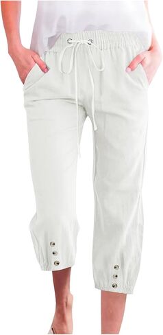 Women Linen Pants Joggers Casual Lightweight Travel Beach Summer Pant Elastic Waist Boho Cropped Trouser with Pockets in Saudi Arabia
