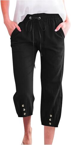 Women Linen Pants Joggers Casual Lightweight Travel Beach Summer Pant Elastic Waist Boho Cropped Trouser with Pockets in Saudi Arabia