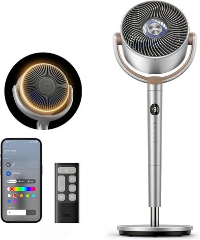 DREO Smart Fan for Bedroom, 120° +120° Omni-Directional Oscillating Fans, 100ft Quiet Pedestal Fan with RGB Light, 9 Speeds, 6 Modes, 20dB, 8H Timer, Wi-Fi/Voice/Alexa, 37-42" Floor Fans with Remote in Kuwait