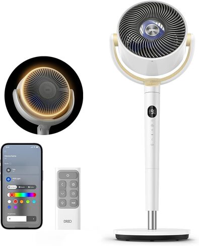 DREO Smart Fan for Bedroom, 120° +120° Omni-Directional Oscillating Fans, 100ft Quiet Pedestal Fan with RGB Light, 9 Speeds, 6 Modes, 20dB, 8H Timer, Wi-Fi/Voice/Alexa, 37-42" Floor Fans with Remote in Kuwait