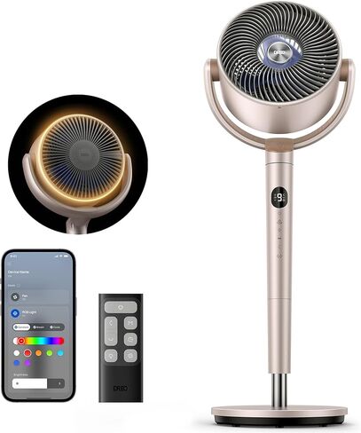 DREO Smart Fan for Bedroom, 120° +120° Omni-Directional Oscillating Fans, 100ft Quiet Pedestal Fan with RGB Light, 9 Speeds, 6 Modes, 20dB, 8H Timer, Wi-Fi/Voice/Alexa, 37-42" Floor Fans with Remote in Kuwait