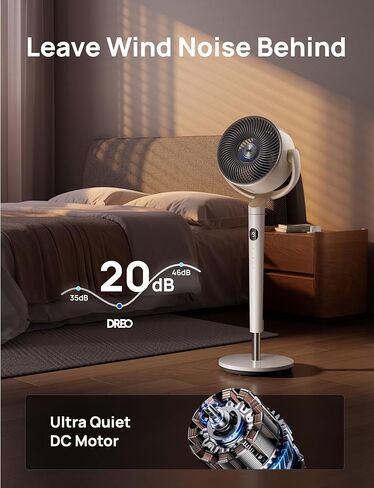 DREO Smart Fan for Bedroom, 120° +120° Omni-Directional Oscillating Fans, 100ft Quiet Pedestal Fan with RGB Light, 9 Speeds, 6 Modes, 20dB, 8H Timer, Wi-Fi/Voice/Alexa, 37-42" Floor Fans with Remote in Kuwait