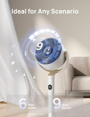 DREO Smart Fan for Bedroom, 120° +120° Omni-Directional Oscillating Fans, 100ft Quiet Pedestal Fan with RGB Light, 9 Speeds, 6 Modes, 20dB, 8H Timer, Wi-Fi/Voice/Alexa, 37-42" Floor Fans with Remote in Kuwait