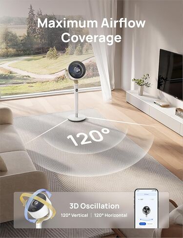 DREO Smart Fan for Bedroom, 120° +120° Omni-Directional Oscillating Fans, 100ft Quiet Pedestal Fan with RGB Light, 9 Speeds, 6 Modes, 20dB, 8H Timer, Wi-Fi/Voice/Alexa, 37-42" Floor Fans with Remote in Kuwait
