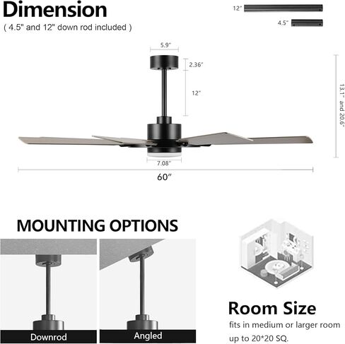 ELEHINSER 80 Inch Ceiling Fan with Lights and 3 Downrods, 8 Plywood Blades, 6-Speed Noiseless Reversible DC Motor, 3CCT, Windmill Ceiling fan for Kitchen Bedroom Living Room, Gloss White in Saudi Arabia