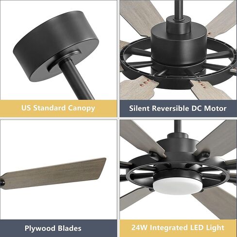 ELEHINSER 80 Inch Ceiling Fan with Lights and 3 Downrods, 8 Plywood Blades, 6-Speed Noiseless Reversible DC Motor, 3CCT, Windmill Ceiling fan for Kitchen Bedroom Living Room, Gloss White in Saudi Arabia