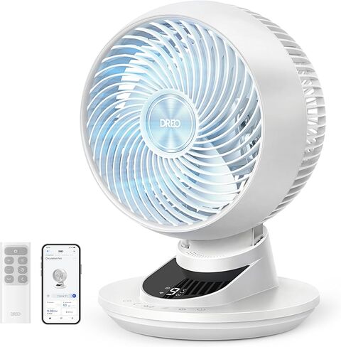 DREO Smart Fan for Bedroom, Powerful 85 ft Airflow, 12 Inches, Desk Fans in 20dB Quiet, 90°+90° oscillating fans, App/Voice Control, 9 Speeds & 8/12H Timer for Home Office Dorm in Kuwait