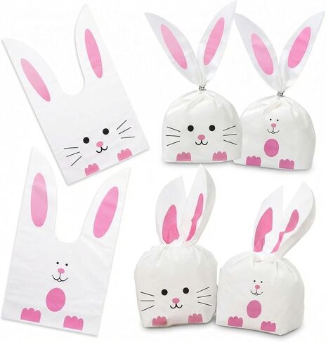 Shindel 100PCS Cute Rabbit Long Ear Candy Gift Bags, Easter Goodie Bags Bunny Cookie Snack Bag Packaging Cookie Supplies in Kuwait