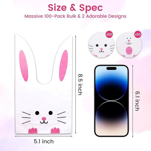 Shindel 100PCS Cute Rabbit Long Ear Candy Gift Bags, Easter Goodie Bags Bunny Cookie Snack Bag Packaging Cookie Supplies in Kuwait