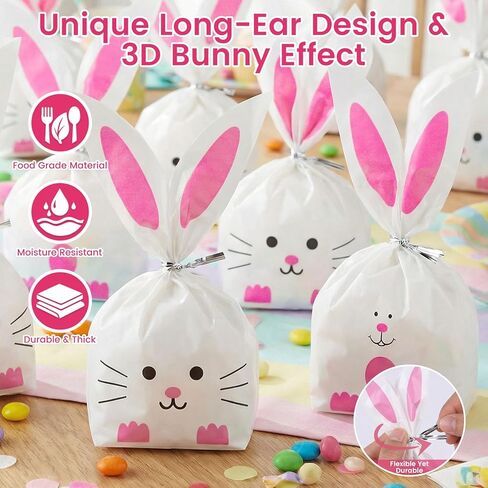 Shindel 100PCS Cute Rabbit Long Ear Candy Gift Bags, Easter Goodie Bags Bunny Cookie Snack Bag Packaging Cookie Supplies in Kuwait