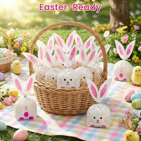 Shindel 100PCS Cute Rabbit Long Ear Candy Gift Bags, Easter Goodie Bags Bunny Cookie Snack Bag Packaging Cookie Supplies in Kuwait