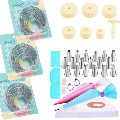 مجموعة خبز التارت الفرنسي، مجموعة مكونة من 150 قطعة، حلقات تارت مثقوبة من الفولاذ المقاوم للصدأ، مع أداة ضغط المعجنات ومجموعة أنابيب مكونة من 126 قطعة، للمخبوزات الاحترافية وهدايا الخبز التي تصنعها بنفسك in Kuwait