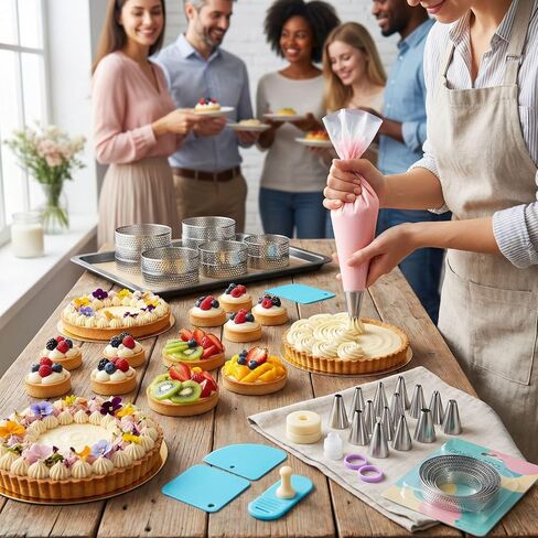 مجموعة خبز التارت الفرنسي، مجموعة مكونة من 150 قطعة، حلقات تارت مثقوبة من الفولاذ المقاوم للصدأ، مع أداة ضغط المعجنات ومجموعة أنابيب مكونة من 126 قطعة، للمخبوزات الاحترافية وهدايا الخبز التي تصنعها بنفسك in Kuwait