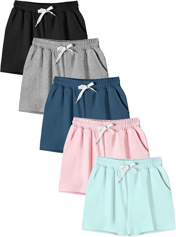 5 Pack Girls Cotton Athletic Shorts with Pockets and Elastic Drawstring Waist Summer Wear for Girls 4-14 Years in Saudi Arabia