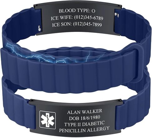 Plus Size Medical Bracelet for Men & Women - Custom Engraved ID Two-Tone Silicone MḁGnetḭC Strap Comfy Fit Medic Alert Bracelets for Emergency, 6"-8.3" Adjustable Waterproof Wristband for Diabetic in Kuwait