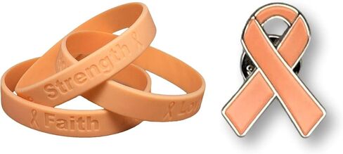 One Endometrial Cancer Awareness Bracelet + One Peach Enamel Pin - 100% Medical Grade Silicone - Latex and Toxin Free - Show Your Support For Endometrial Cancer Awareness in Saudi Arabia