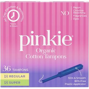 سدادات قطنية عضوية من بينكي للمراهقين والبالغين - مصنوعة من القطن بنسبة 100% تتكيف مع جسمك - أداة توزيع رفيعة خالية من مادة BPA لإدخال مريح - خالية من الكلور والعطور والصبغات والرايون - عادية/ممتازة، 36 قطعة in Kuwait