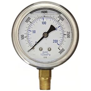 1/4" NPT Lower Mount Liquid Filled Pressure Gauge with 2.5" Dial - 0-3000 PSI - for Commercial or Industrial Hydraulic & Pneumatic Systems - Compressor Pressure Gauge Replacement in Kuwait