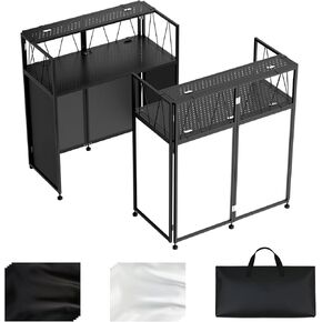 Portable DJ Table Stand, Tool-Free Setup Foldable 40" x 20" DJ Stand Booth w/ 2 Top Trays, Black & White Scrims, 4IN Adjustable Leveling Feet, 5 Cable Holes and Carry Bag, for Parties, Events, Studios in Kuwait