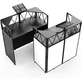 Foldable DJ Booth with Laptop Stand, DJ Table with Dual Corner Panels, Upgraded Metal Frame DJ Facade with Heavy-Duty Reinforced Desktop, DJ Stand for Parties, Black & White Scrims, Carry Bag in Kuwait