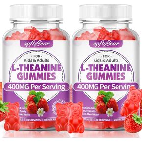 علكات سوفت بير إل-ثيانين 400 ملغ للأطفال والكبار، مكمل إل ثيانين مع أشواغاندا، غابا، 5-HTP يدعم الهدوء والاسترخاء والتركيز، خالي من السكر/نباتي/خالي من الكائنات المعدلة وراثيًا، نكهة الفراولة 60 قطعة in Kuwait