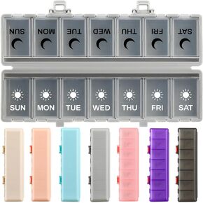 Foldable Pill Organizer Weekly 2 Times a Day, 7 Day Portable AM PM Travel Pill Case with Black&White Labels, Dual-Protection Daily Medicine Box, Large Pill Container for Vitamin/Supplement-Khaki in Kuwait