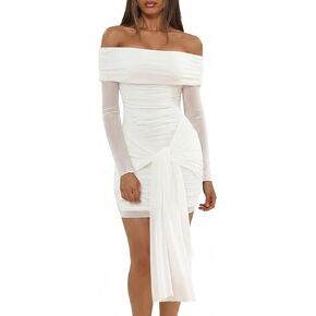 Ophestin Off The Shoulder Mesh Dress Long Sleeve Ruched Bodycon Dress for Women Tie Waist Dresses in Kuwait