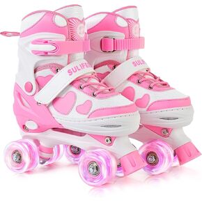 SULIFEEL Love Hearts 4 Size Adjustable Kids Roller Skates for Ages 3-12 Girls with Fluffy Pom-Poms,Light-Up Wheels & Triple Support Grow with Your Children Birthday Gift for Indoor Outdoor Sports in Kuwait