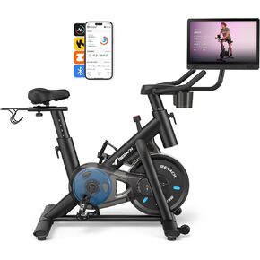 Merach Exercise Bike, Magnetic Stationary Bike with 15.6"HD Screen, Low Noise Indoor Cycling Bike with 300lbs Weight Capacity, Comfortable Bike Seat, Tablet Mount and Fitness Courses for Weight Loss in Kuwait
