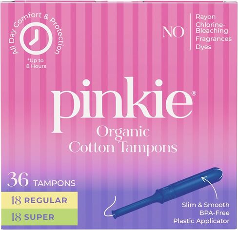 سدادات قطنية عضوية من بينكي للمراهقين والبالغين - مصنوعة من القطن بنسبة 100% تتكيف مع جسمك - أداة توزيع رفيعة خالية من مادة BPA لإدخال مريح - خالية من الكلور والعطور والصبغات والرايون - عادية/ممتازة، 36 قطعة in Kuwait