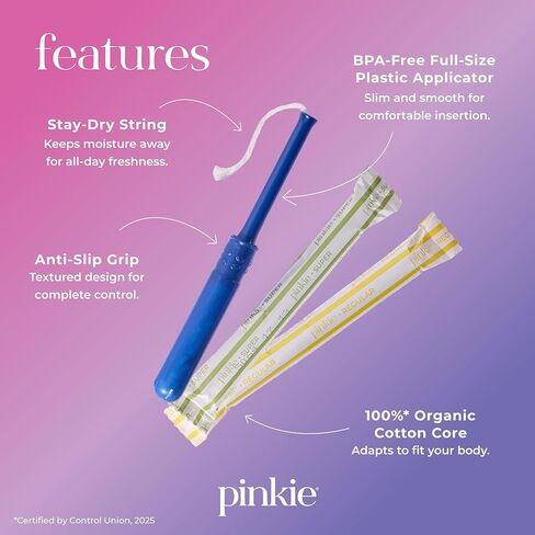 سدادات قطنية عضوية من بينكي للمراهقين والبالغين - مصنوعة من القطن بنسبة 100% تتكيف مع جسمك - أداة توزيع رفيعة خالية من مادة BPA لإدخال مريح - خالية من الكلور والعطور والصبغات والرايون - عادية/ممتازة، 36 قطعة in Kuwait