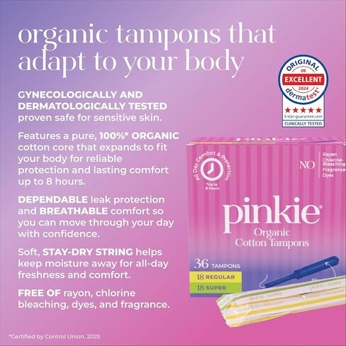 سدادات قطنية عضوية من بينكي للمراهقين والبالغين - مصنوعة من القطن بنسبة 100% تتكيف مع جسمك - أداة توزيع رفيعة خالية من مادة BPA لإدخال مريح - خالية من الكلور والعطور والصبغات والرايون - عادية/ممتازة، 36 قطعة in Kuwait