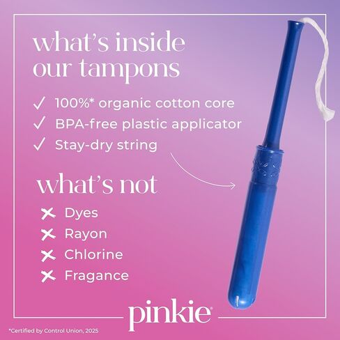 سدادات قطنية عضوية من بينكي للمراهقين والبالغين - مصنوعة من القطن بنسبة 100% تتكيف مع جسمك - أداة توزيع رفيعة خالية من مادة BPA لإدخال مريح - خالية من الكلور والعطور والصبغات والرايون - عادية/ممتازة، 36 قطعة in Kuwait