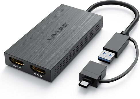 Wavlink USB 3.0/USB C إلى Dual HDMI Splitter 4K@60Hz شاشة ممتدة للشاشات المزدوجة ، محول DisplayLink متوافق مع MAC M1/M2/M3 ، Windows 10/11 ، OS Chrome (برنامج التشغيل مطلوب) in Kuwait