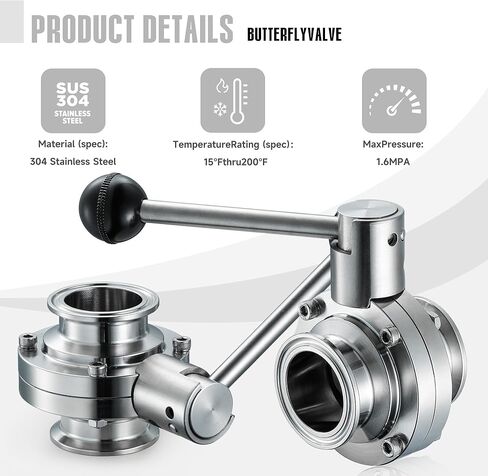 2 حزمة من صمام الفراشة ثلاثي المشبك مقاس 1.5 بوصة، صمام مقبض سحب يدوي من الفولاذ المقاوم للصدأ 304 صحي، يناسب البرسيم ثلاثي المشبك مقاس 1.5 بوصة، لأطعمة ومشروبات الألبان المنزلية (أنبوب OD مقاس 1.5 بوصة) in Kuwait