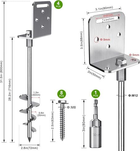 BeneLabel 2/4 Pack 18" 30" Ground Anchors Screw in Mobile Home Anchors Kits 2.8" Wide Tapered Spiral Trampoline Anchor Set with Bracket Swing Set Anchor for Playset, Tent, Shed, Fence, Swingset in Kuwait