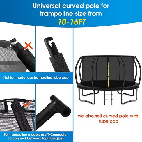Trampoline Curved Pole Replacement, Universal Curved Enclosure Pole for 10-16ft Frame, with Plastic T Connector, Mounting Hardware, Foam Cover in Kuwait