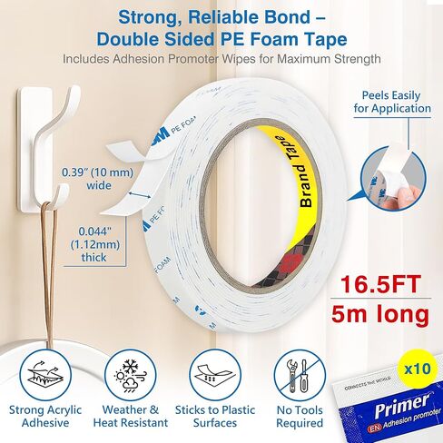 شريط قابل للإزالة على الوجهين - شريط تثبيت من إسفنج البولي إيثيلين عالي التحمل مقاس 0.39 بوصة × 16.5 قدم مع معززات التصاق - آمن على الحائط ومقاوم للماء وخالي من الأضرار للملصقات والصور المعلقة والجدران المطلية in Kuwait