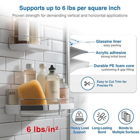 شريط قابل للإزالة على الوجهين - شريط تثبيت من إسفنج البولي إيثيلين عالي التحمل مقاس 0.39 بوصة × 16.5 قدم مع معززات التصاق - آمن على الحائط ومقاوم للماء وخالي من الأضرار للملصقات والصور المعلقة والجدران المطلية in Kuwait