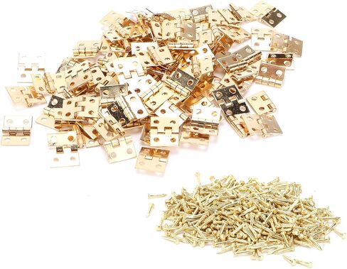100Pcs Small Hinges Set, 4 Holes Mini Hinges with Screws, Brass Tiny Retro Miniature for Hand Made Crafts, Wooden Jewellery Boxes, 0.3x0.4in, Gold in Kuwait