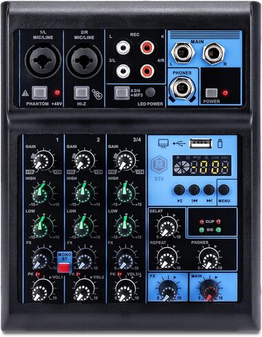 خلاط W IN-MIX الاحترافي ذو 4 قنوات مع بلوتوث وتسجيل USB وطاقة فانتوم 48 فولت - وحدة تحكم صوتية للاستوديو والبث المباشر للدي جي والكاريوكي والبث in Kuwait